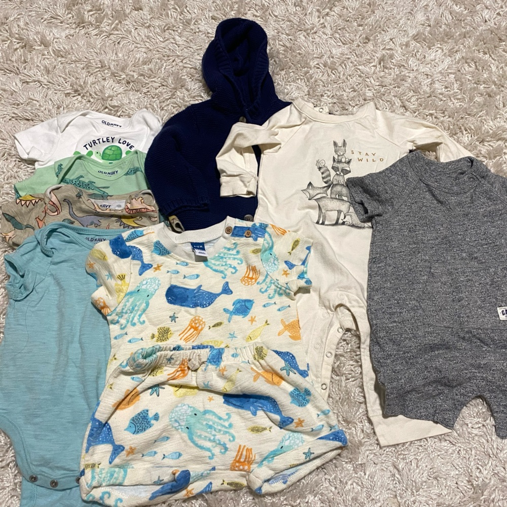 6-12 MONTH baby boy assorted lot - onesies, cardigan, rompers - old navy and GAP
